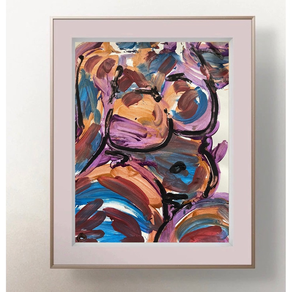 Abstract Nude Female Figure Painting Blue Purple Orange 8.5x11 Modern Art